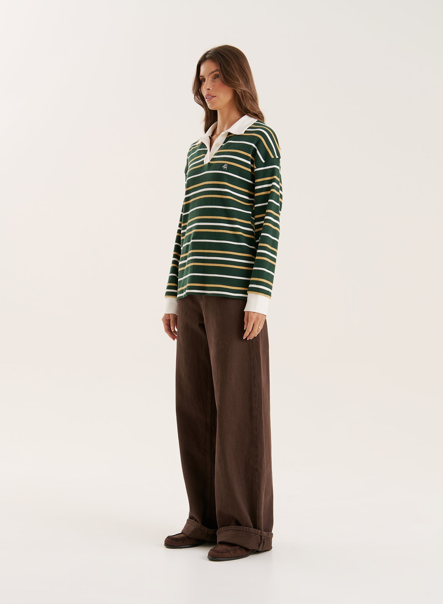 Green Striped Contrast Collar Rugby Top